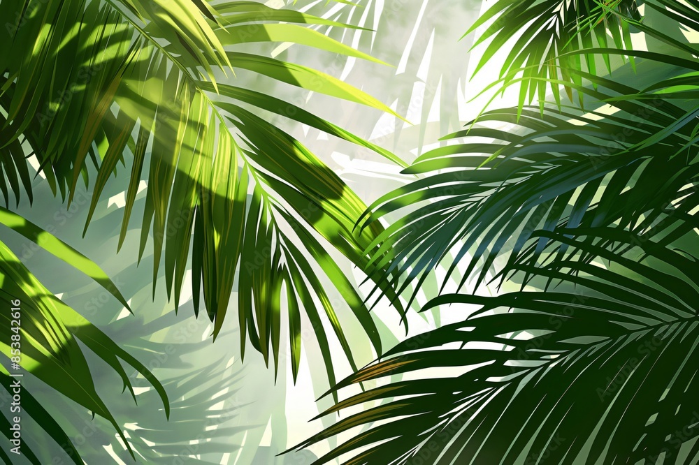 Closeup illustration of vibrant tropical palm leaves with intricate botanical detail, set against a backdrop of lush green foliage and sunlight, creating a serene and exotic natural environment Closeup illustration of vibrant tropical palm leaves with intricate botanical detail, set against a backdrop of lush green foliage and sunlight, creating a serene and exotic natural environment