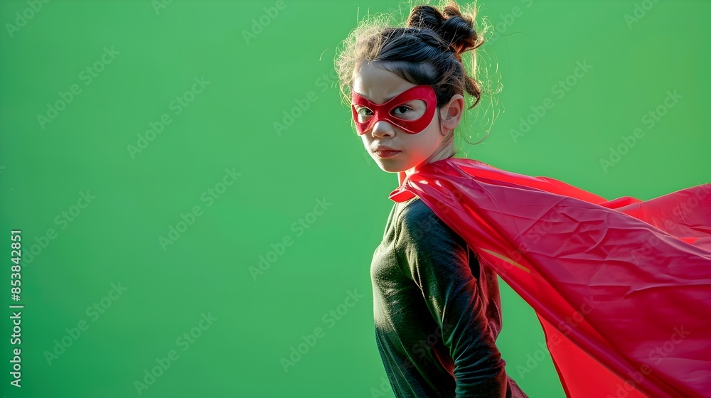 Heroic Chick in Superhero Attire Against Vibrant Green Backdrop Heroic Chick in Superhero Attire Against Vibrant Green Backdrop