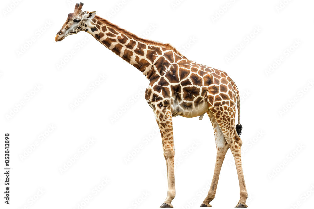 Fototapeta premium A tall giraffe with a detailed pattern on its body stands isolated on a transparent background. showcasing the beauty of wildlife and nature.