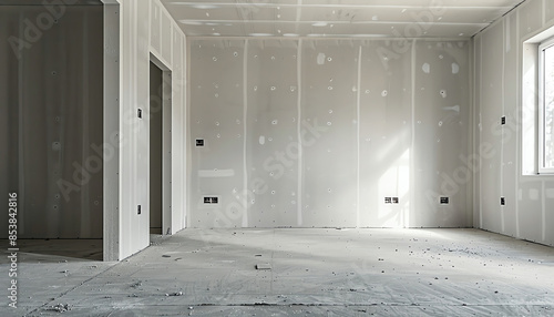Plasterboard walls in a new house under construction.