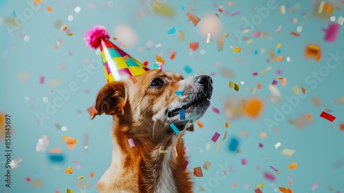 Playful Dog Celebrating Birthday Party with Confetti and Festive Hat photo