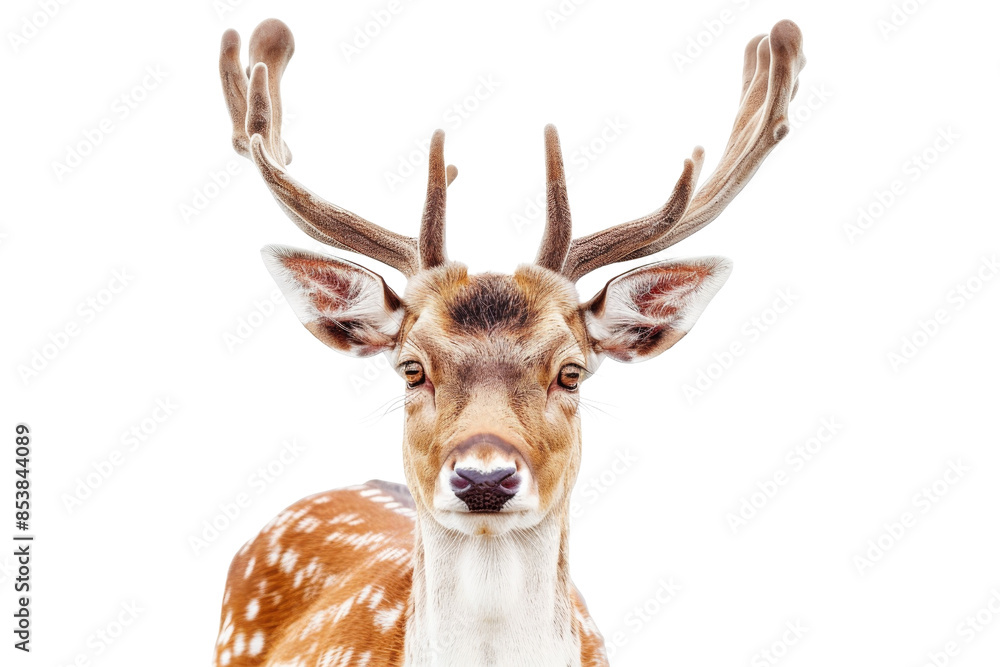 Close-up of a majestic deer with antlers, featuring beautiful brown fur and white spots, against a transparent background. Close-up of a majestic deer with antlers, featuring beautiful brown fur and white spots, against a transparent background.
