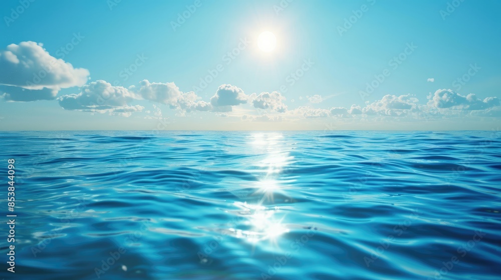 Tranquil ocean with gentle waves and a clear blue sky, reflecting the bright sunlight and creating a serene seascape Tranquil ocean with gentle waves and a clear blue sky, reflecting the bright sunlight and creating a serene seascape