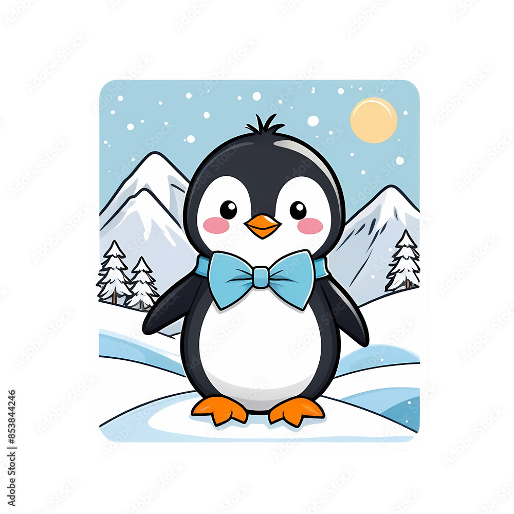 Fototapeta premium Penguin with snow and ice mountains on the background.