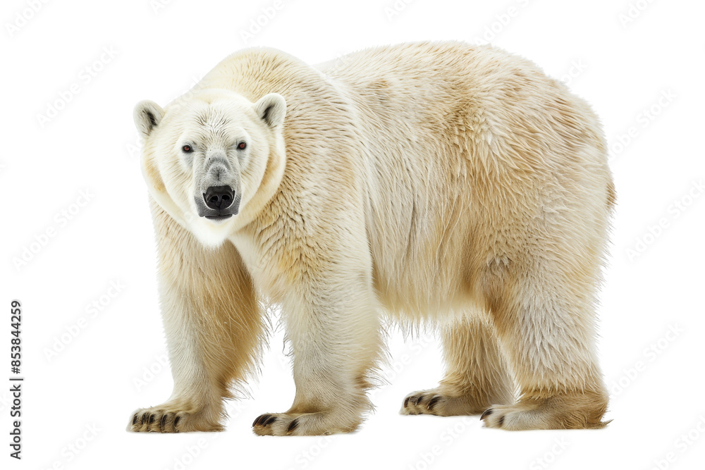 Fototapeta premium Close-up of a majestic polar bear, fully visible with a transparent background. showcasing its thick fur and powerful build.
