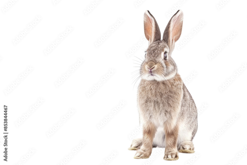 Fototapeta premium Cute fluffy rabbit sitting against transparent background. isolated, stock photo for Easter, wildlife content, adorable pet image.