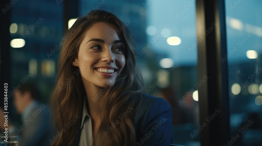 Charming woman in office, dressed in suit. She sits at a stylish modern desk and smiles sweetly. Diversity concept. Charming woman in office, dressed in suit. She sits at a stylish modern desk and smiles sweetly. Diversity concept.