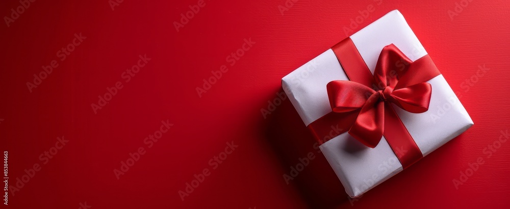 Valentine's Day banner, gift box with red ribbon bow on red background, flat lay top view, space for text Valentine's Day banner, gift box with red ribbon bow on red background, flat lay top view, space for text