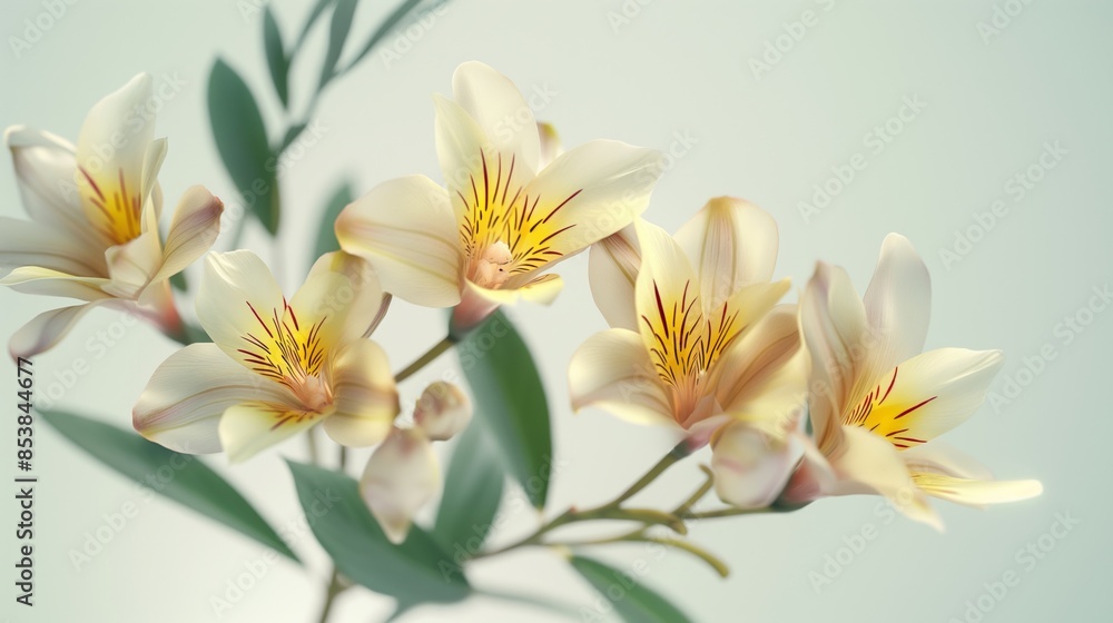 Close-up of cream-colored flowers with yellow and red centers. Close-up of cream-colored flowers with yellow and red centers.