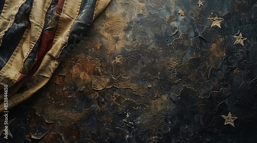 An aged us flag hung on corroded surface