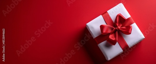 Valentine's Day banner, gift box with red ribbon bow on red background, flat lay top view, space for text