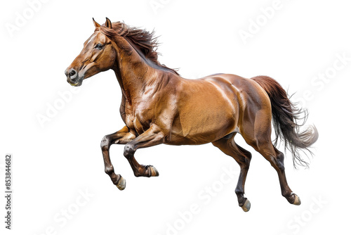 Dynamic brown horse galloping in full motion with a glowing coat, showcasing strength and speed on a transparent background. © Rattanathip