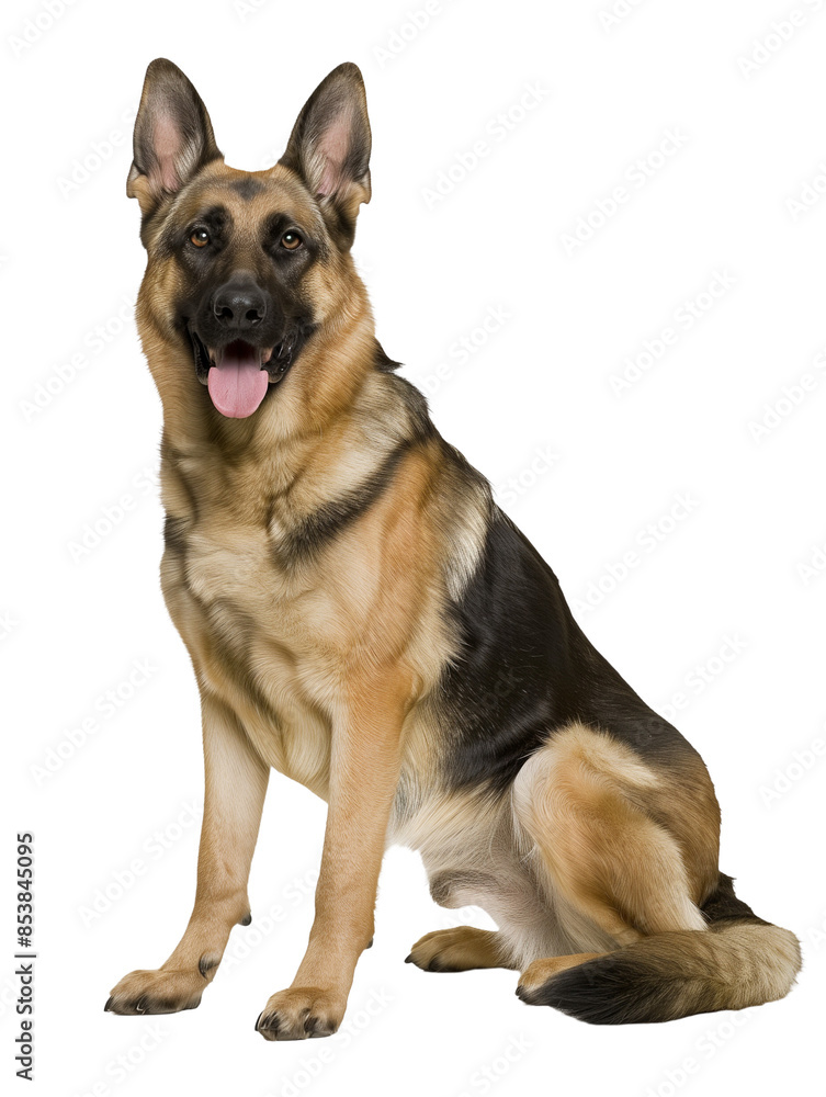 Full body shot of German Shepherd dog, sitting, smiling. Full body shot of German Shepherd dog, sitting, smiling.