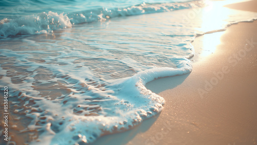 Fototapeta Naklejka Na Ścianę i Meble -  Close up of soft wave on sand, beach with sunlight, serenity scene
