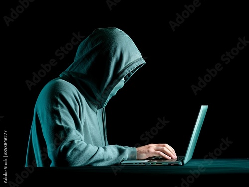 Anonymous Scammer at Work: Person Typing on Laptop in Shadowy Secrecy photo