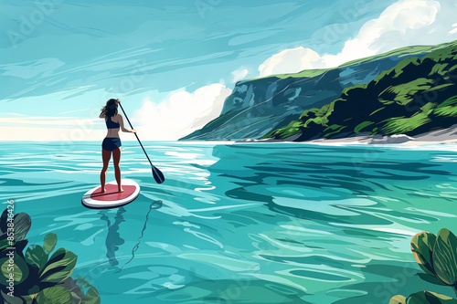 Illustrated paddleboarder glides over clear waters near lush cliffs on a sunny day, embodying tranquility and adventure in nature photo