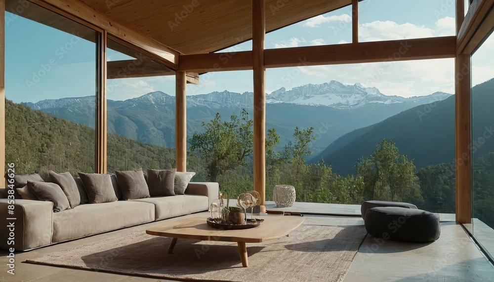 Fototapeta premium house in nature, eco villa hotel modern exterior design in the mountains