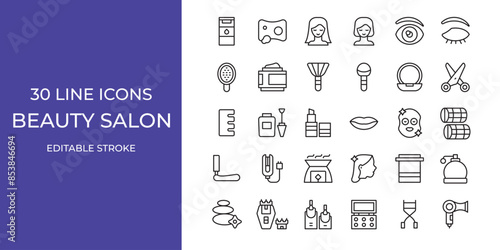 Beauty salon icon set vector illustration editable stroke. hair, hairdryer, brush and more