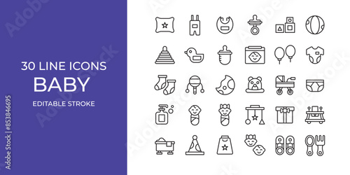 Baby icon set vector illustration editable stroke. cookies, baby shower, pillow and more
