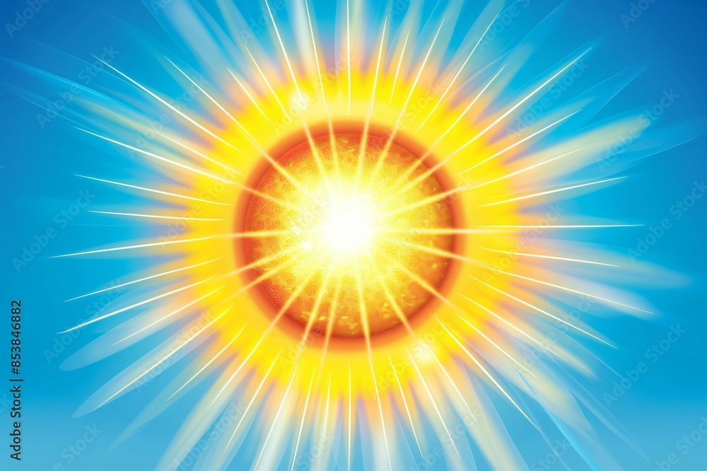 This striking illustration features a luminous sun with detailed rays spreading warmth and light against a serene blue sky backdrop This striking illustration features a luminous sun with detailed rays spreading warmth and light against a serene blue sky backdrop