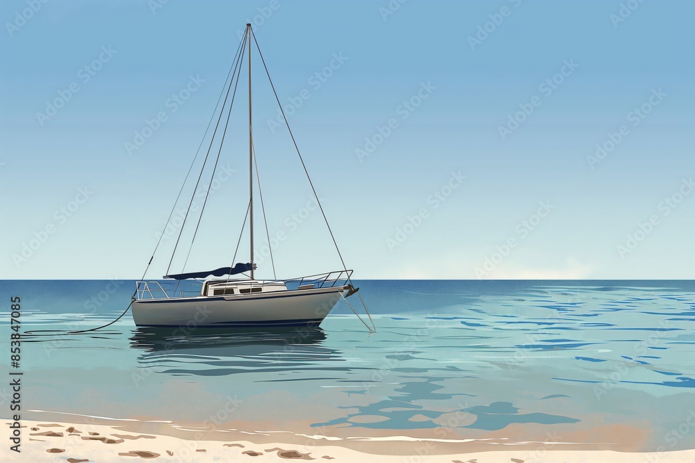 Fototapeta premium Tranquil and peaceful sailboat anchorage illustration with clear blue skies, serene seascape, and idyllic coastline, perfect for nautical and marine digital art