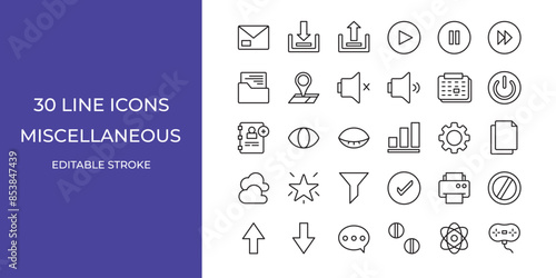 miscellaneous icon set vector illustration editable stroke. play, pause, settings and more
