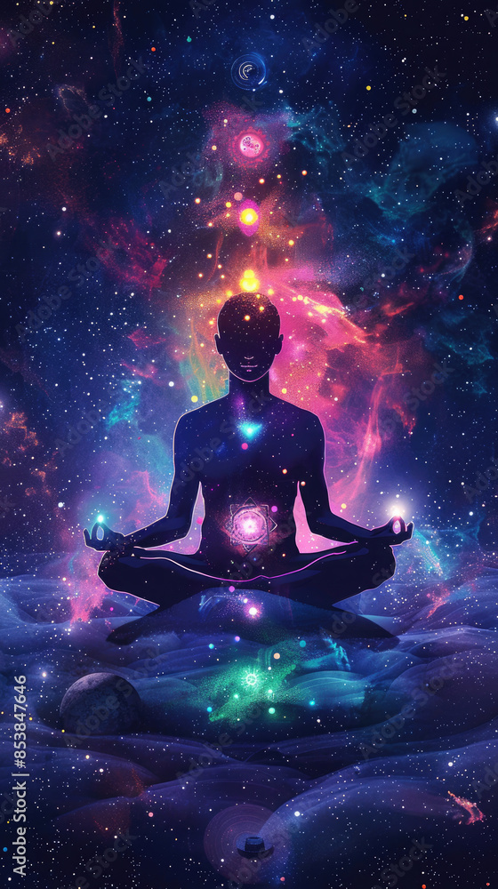 transparent celestial person silhouette meditating peace and activating the seven spiritual energy chakras against the background of dark outer space and stars transparent celestial person silhouette meditating peace and activating the seven spiritual energy chakras against the background of dark outer space and stars