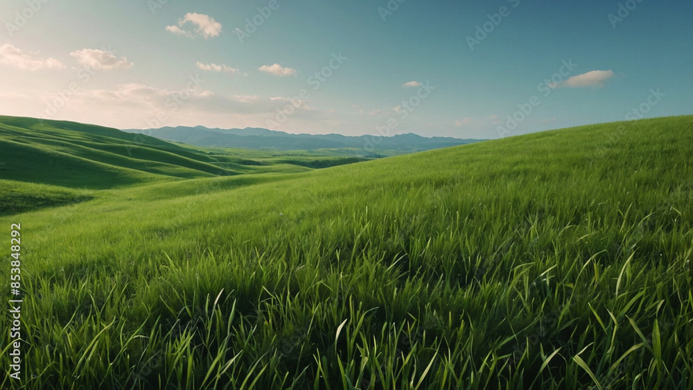 Fototapeta premium green field with mountains in the background.