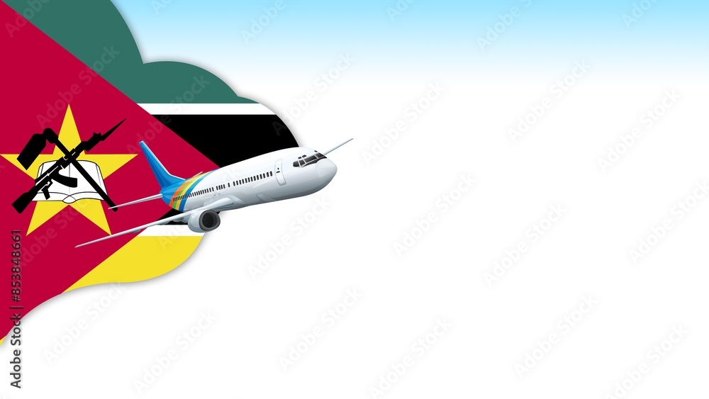 Fototapeta premium 3d illustration plane with Mozambique flag background for business and travel design