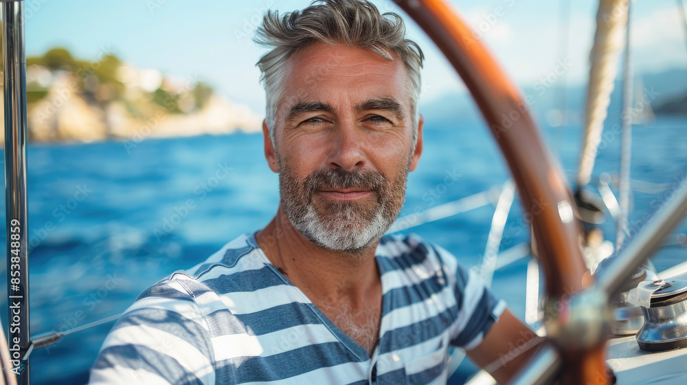 Smiling middle-aged male sailor in a striped t-shirt at the helm of a sailing yacht in the middle of the sea in good weather Smiling middle-aged male sailor in a striped t-shirt at the helm of a sailing yacht in the middle of the sea in good weather