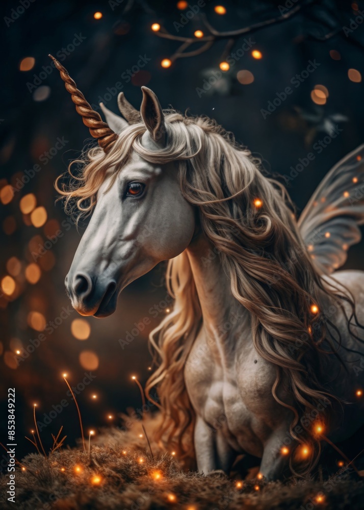 Beautiful white unicorn with flower wreath in park, Beautiful white unicorn with flower wreath in park,