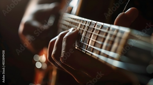 Guitar Strings Come Alive with Skilled Fingers and Soft Lighting,Creating a Captivating Musical Moment