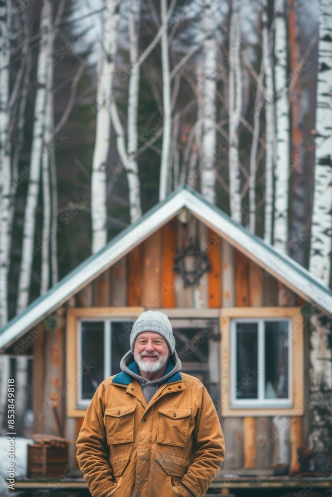A man standing outside a rustic cabin in the woods, suitable for use as an illustration or background A man standing outside a rustic cabin in the woods, suitable for use as an illustration or background