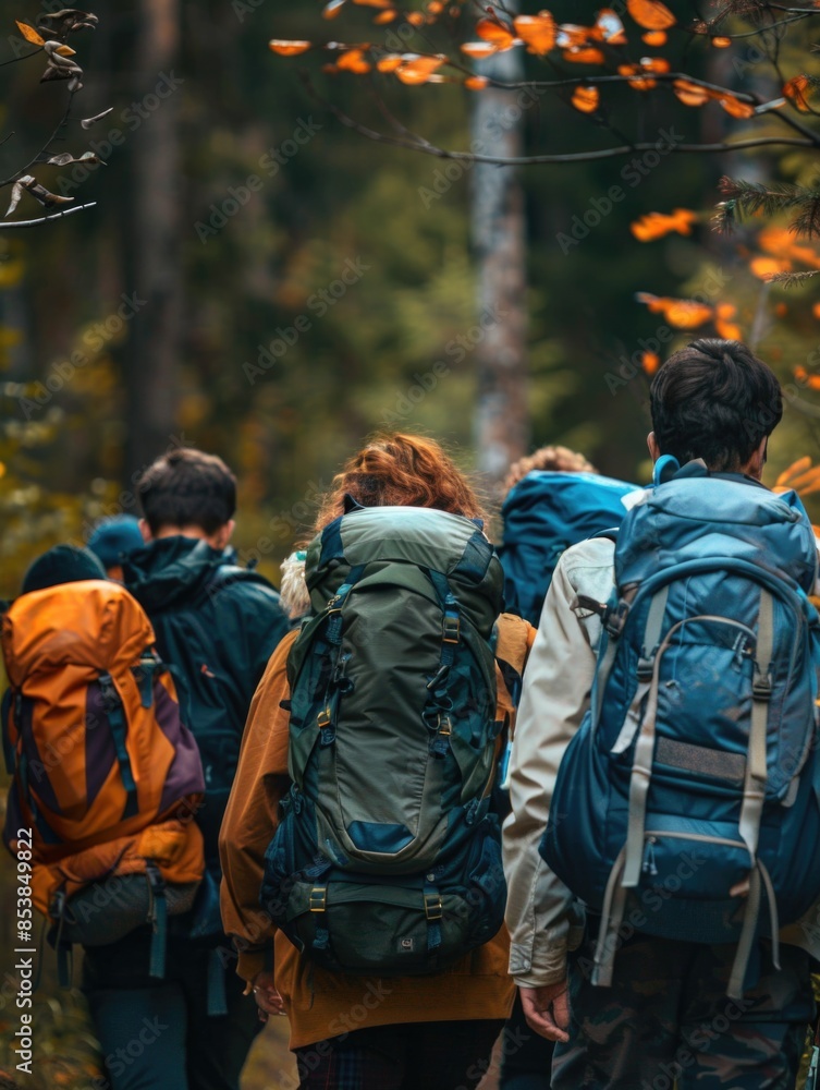 A group of people walking together in the forest, carrying backpacks and enjoying nature A group of people walking together in the forest, carrying backpacks and enjoying nature