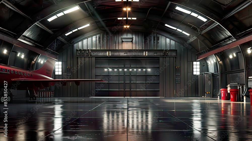 Obraz premium Detailed 3D depiction: Hangar interior with open door text space available authentic meticulous rendering.