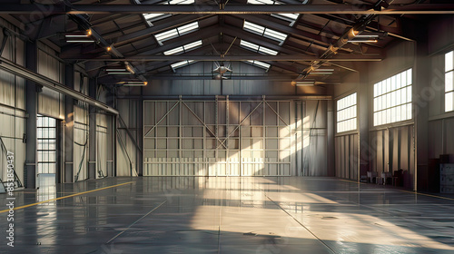 Detailed 3D depiction: Hangar interior with open door text space available authentic meticulous rendering.