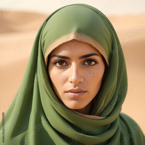 Arabic afghan arabian woman in a traditional green hijab headwear close up portrait photo