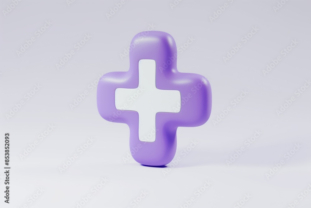 Obraz premium 3d purple plus sign icon on the white background. Cartoon icon of first aid and health care add minimal style. Medical drugs plus 3d symbol of emergency help