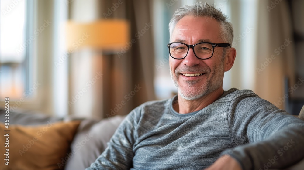 A portrait of an attractive, confident and happy middle-aged man wearing glasses sitting on the couch in his modern living room with bright natural light coming through windows behind him A portrait of an attractive, confident and happy middle-aged man wearing glasses sitting on the couch in his modern living room with bright natural light coming through windows behind him