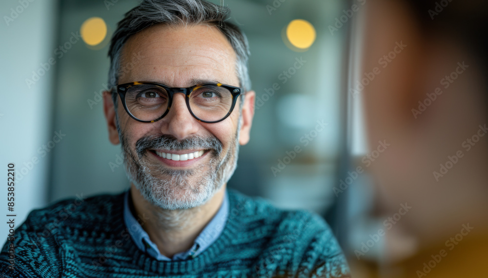 A man with glasses is smiling and looking at the camera A man with glasses is smiling and looking at the camera