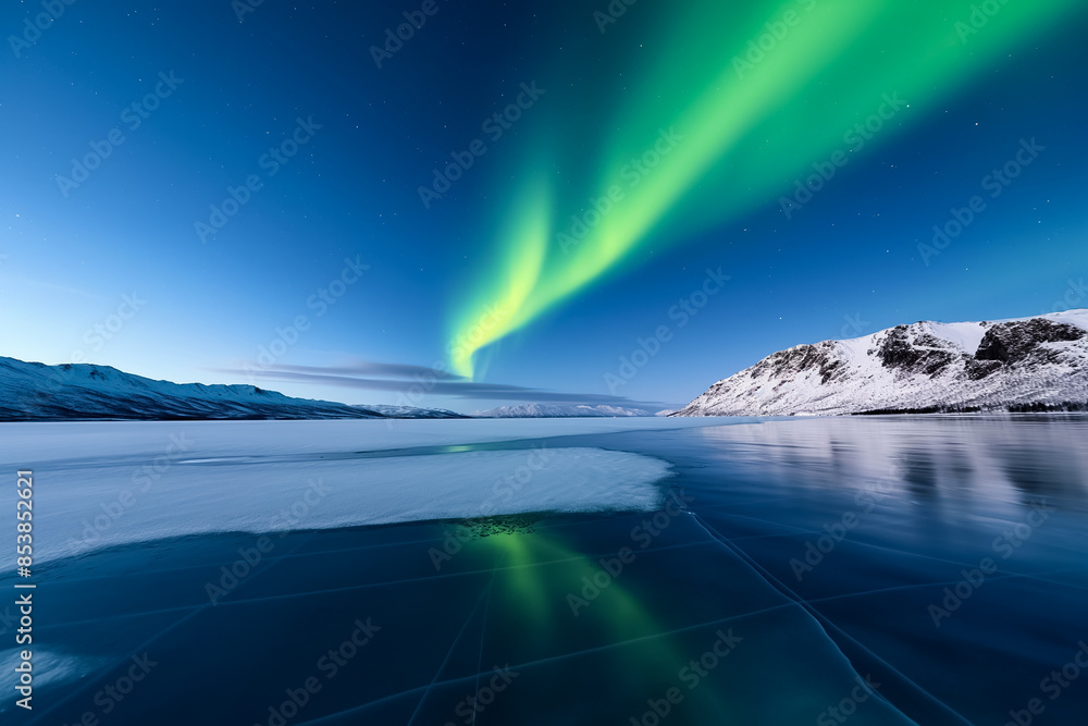 Aurora borealis over an icy lake in dark sky reserve, background with empty space for text Aurora borealis over an icy lake in dark sky reserve, background with empty space for text
