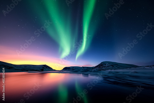 Aurora borealis over an icy lake in dark sky reserve, background with empty space for text 