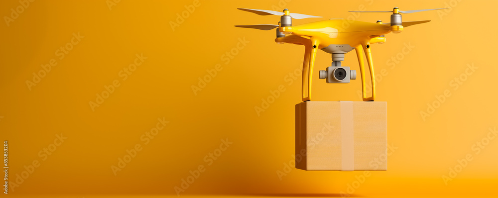 Drone carrying a package for delivery, isolated on a gradient background Drone carrying a package for delivery, isolated on a gradient background
