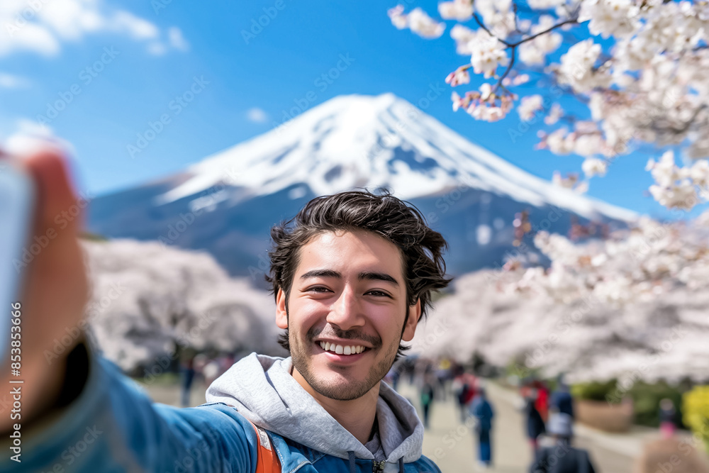 Happy traveler capturing a selfie at Mount Fuji in Japan with cherry blossoms and clear skies Happy traveler capturing a selfie at Mount Fuji in Japan with cherry blossoms and clear skies