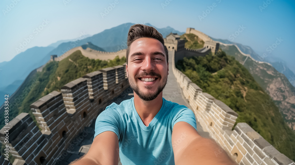 Happy traveler capturing a selfie at the Great Wall of China with a clear blue sky Happy traveler capturing a selfie at the Great Wall of China with a clear blue sky