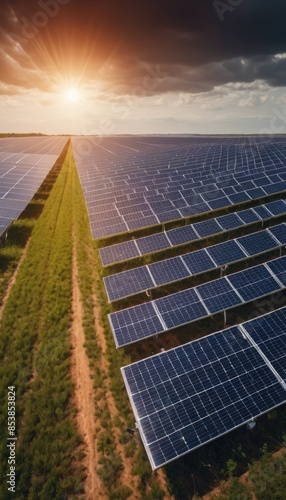 Wallpaper Mural Expansive solar farm stretching across a green field, capturing the sun's energy to provide sustainable and renewable power. Rows of panels gleam under the setting sun Torontodigital.ca