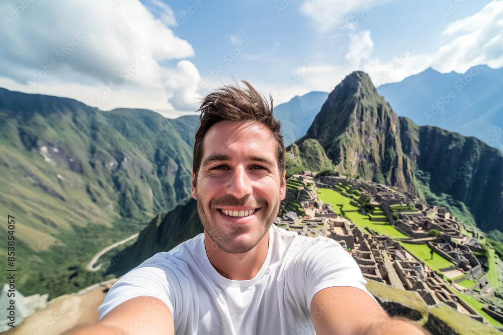 Naklejka premium Happy traveler taking a selfie at Machu Picchu in Peru with lush green mountains and clear skies 