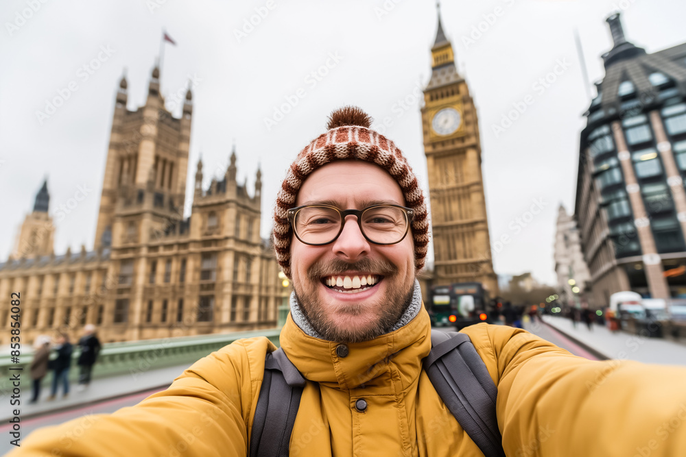 Obraz premium Happy traveler taking a selfie in front of Big Ben in London with overcast skies 