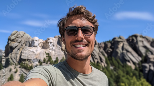 Happy traveler taking a selfie in front of Mount Rushmore with clear blue skies 