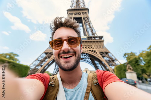 Happy traveler taking a selfie in front of the Eiffel Tower in Paris on a sunny day 